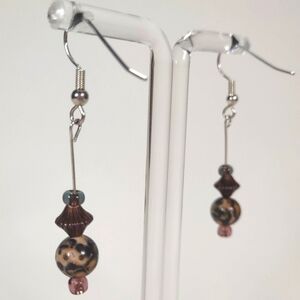 Handmade Leopard Jasper Bead Fishhook Post Earrings